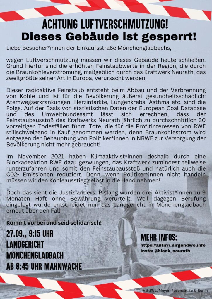 Flugblatt mit Absperrrung rot/weiß oben und unten, Aufschrift "Achtung Luftverschmutzung - Dieses Gebäude ist gesperrt" und einem Text zur Verschmutzung durch das Kohlekraftwerk Neurath und einer Einladung zu den Prozessterminen