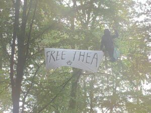 Vermummter Mensch in Bäumen, auf einem Transparent steht "Free Thea" mit Anarchie-A.