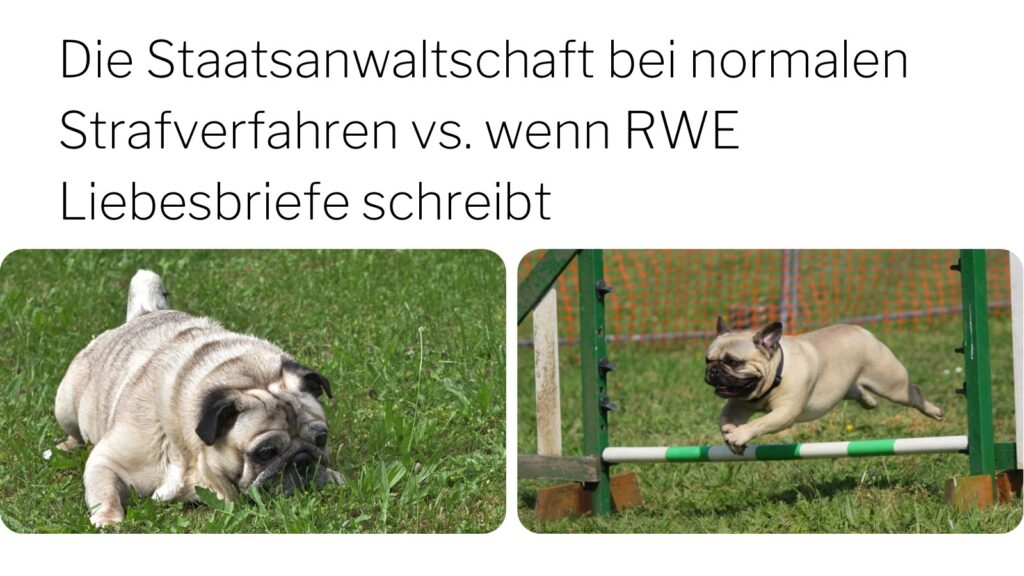 "Die Staatsanwaltschaft bei normalen Verfahren vs. wenn RWE Liebesbriefe schreibt" über zwei Bildern von einem Hund, der im ersten Bild schläfrig liegt und im zweiten über ein Hindernis springt
